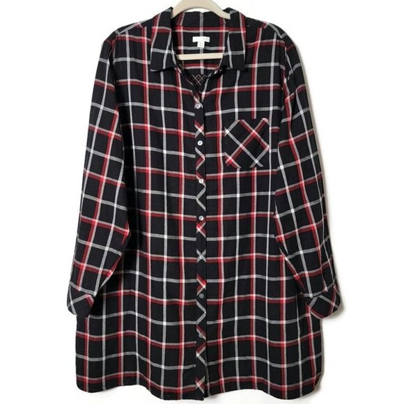 J. Jill Red Black Plaid Double Cloth Long Sleeve Button Up Long Tunic Top 2X - Picture 1 of 10